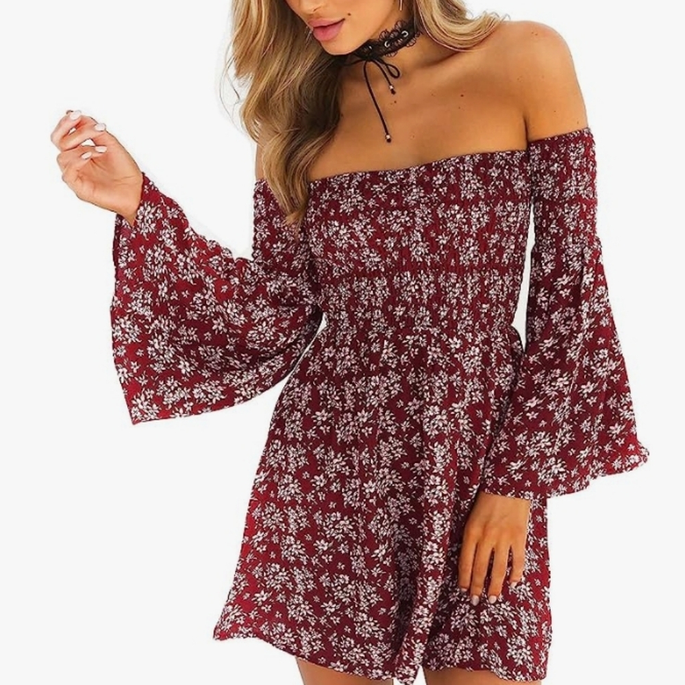 Boho Mini Dress | Red Floral Print | Small